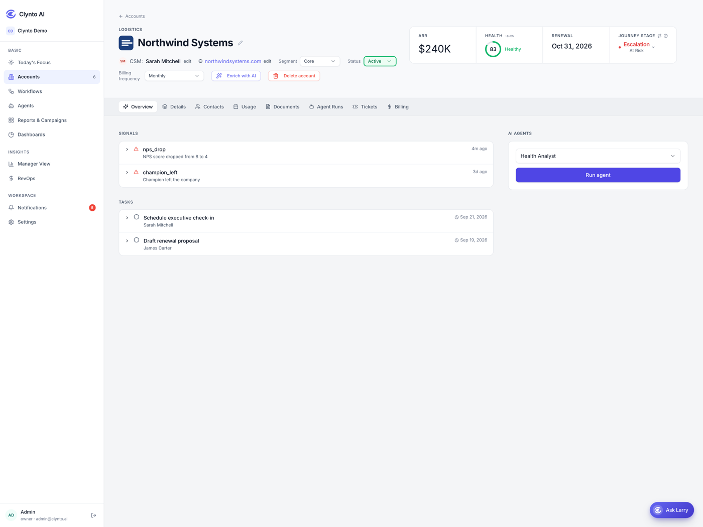 One account open on the Overview tab: stat strip, health ring, signals list, the eight tabs visible.