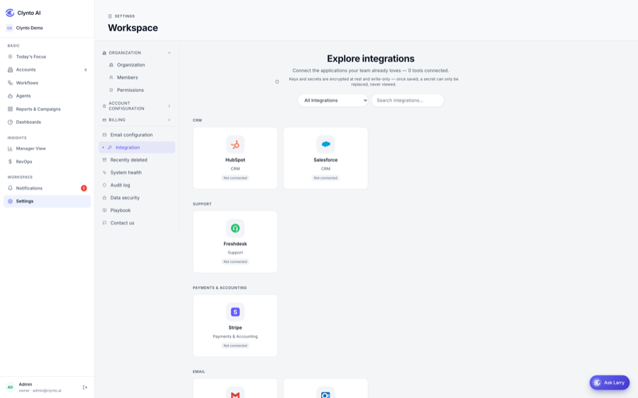 The integrations panel with connected providers and their sync history.