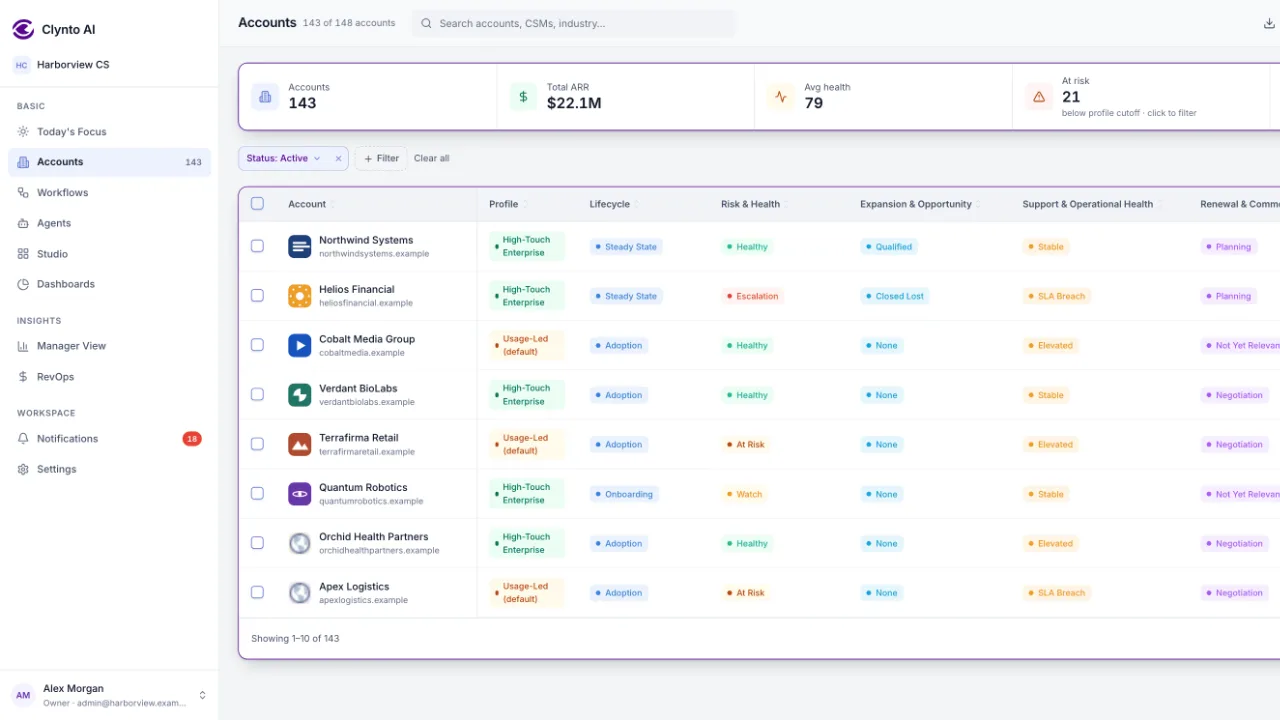 Clynto Accounts view showing customer health scores, with at-risk and watch accounts highlighted.
